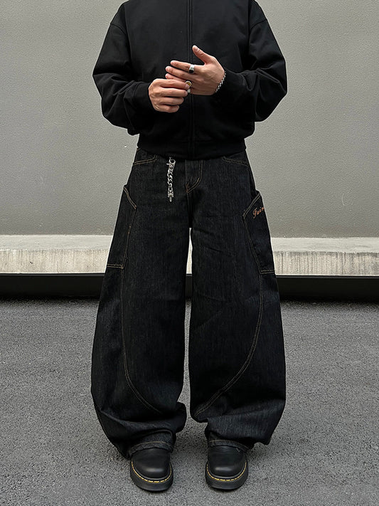 ビッグポケット 刺繍ワイドバレルレッグジーンズ