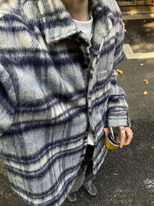 レトロチェック柄 ウールロングシャツ