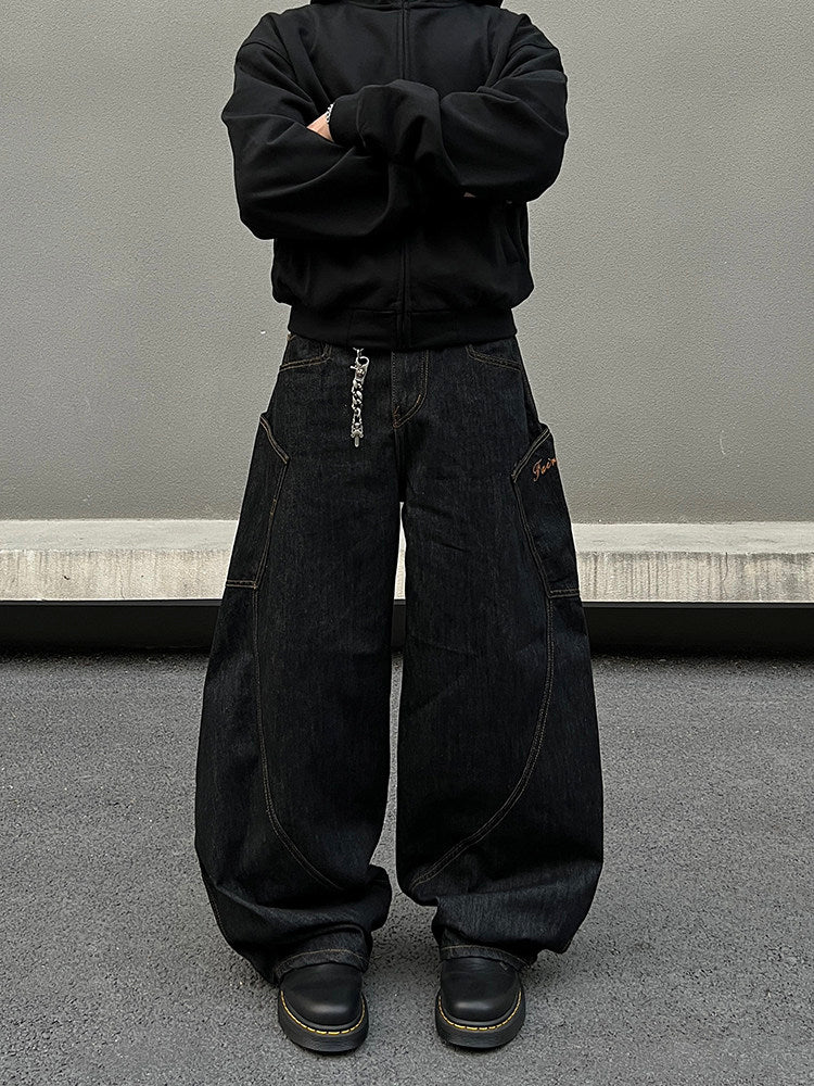 ビッグポケット 刺繍ワイドバレルレッグジーンズ