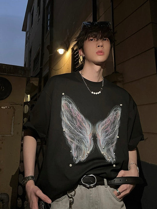 パール付き バタフライプリントTシャツ