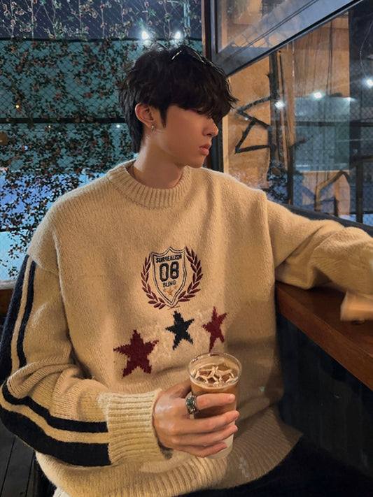 バッジ刺繍 レトロライン ニットセーター