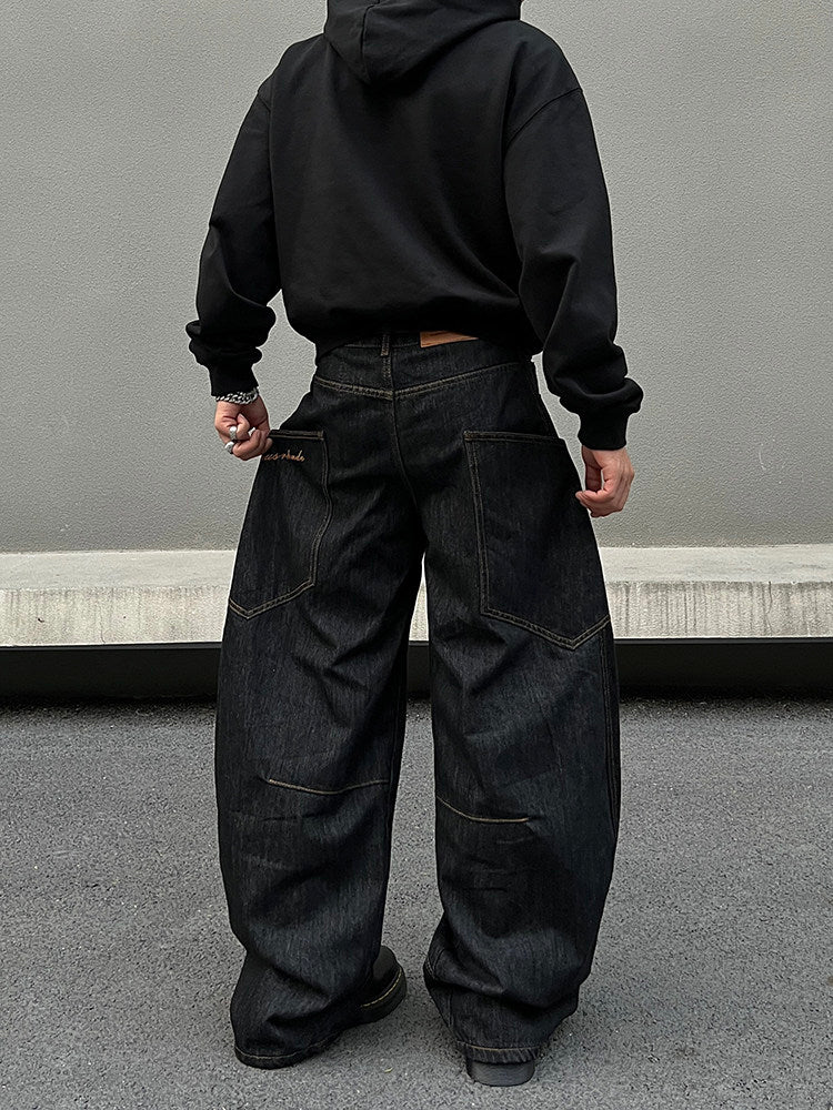 ビッグポケット 刺繍ワイドバレルレッグジーンズ