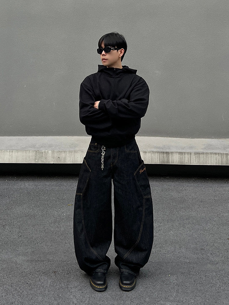 ビッグポケット 刺繍ワイドバレルレッグジーンズ