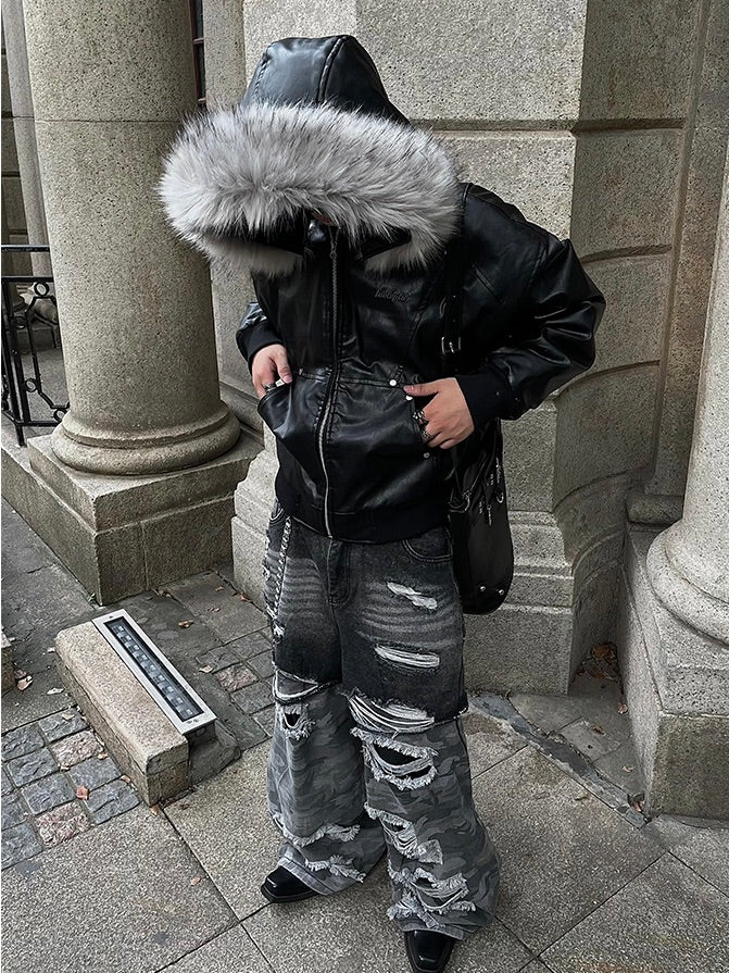 goa ラクーンファー付レザーフードジャケット y2k グランジ goa ラクーンファー付レザーフードジャケット y2k グランジ