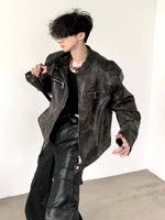 ノーカラー ジップ PUレザージャケット