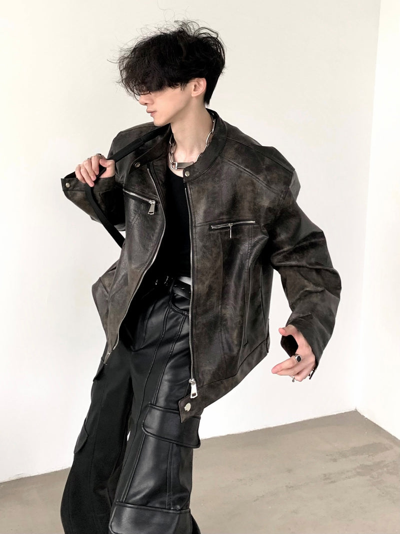 ノーカラー ジップ PUレザージャケット