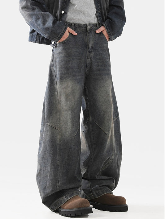 レトロブラック ウォッシュ バギーデニムパンツ