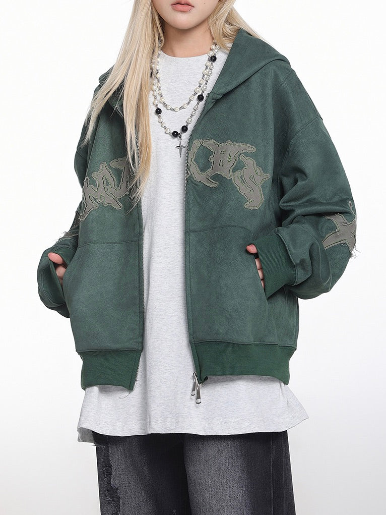 ダメージパッチ刺繍 短丈ダブルジップパーカー