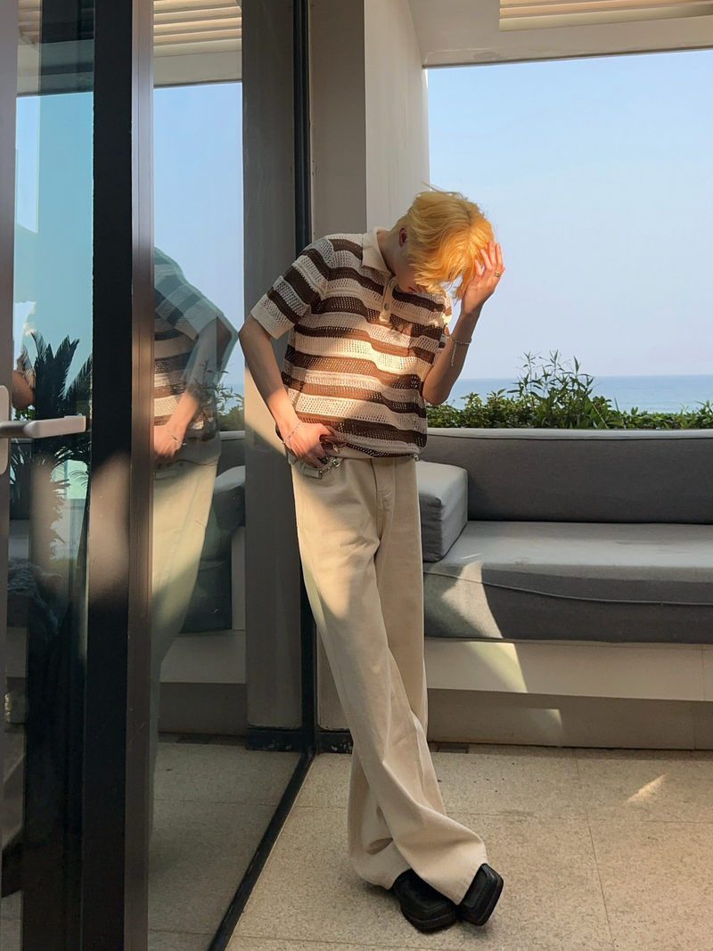 レトロ ストライプ メッシュニットポロシャツ