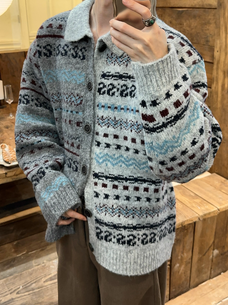 フェアアイル柄 コントラスト ニットカーディガン