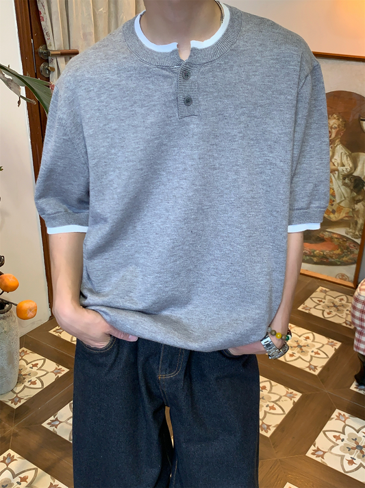 フェイクレイヤード ヘンリーネックTシャツ