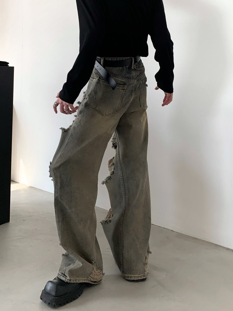 ハードダメージ ヴィンテージ ワイド デニムジーンズ