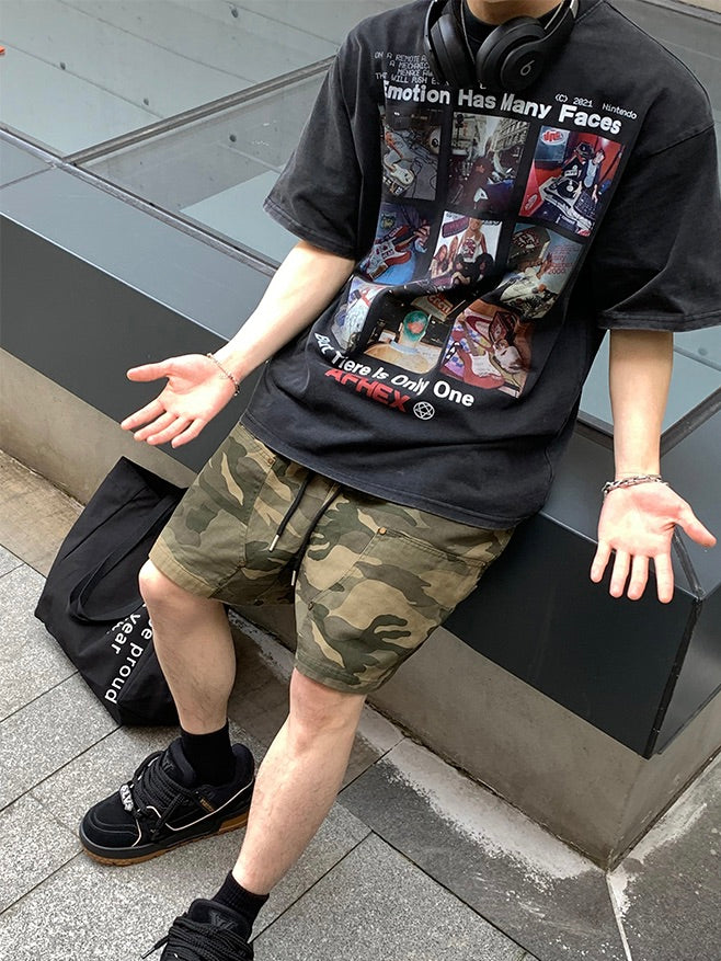 クリエイティブ グリッドプリント Tシャツ