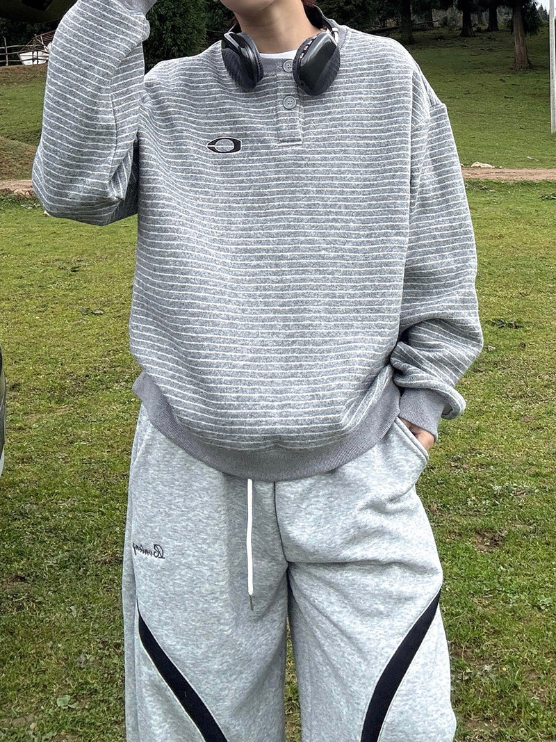 ワンポイント ヘンリーネックストライプ スウェット