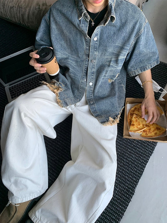 カモフラージュ加工 タッセルダメージ デニムシャツ