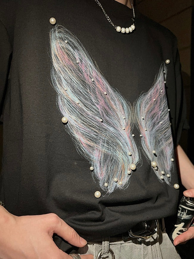パール付き バタフライプリントTシャツ