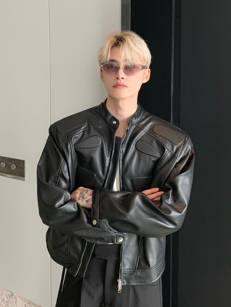 ストラクチュアル ノーカラーPUレザージャケット