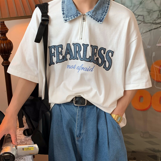 レトロ デニムパッチ ハーフジップポロシャツ