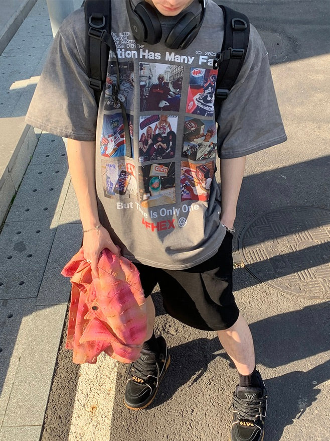 クリエイティブ グリッドプリント Tシャツ