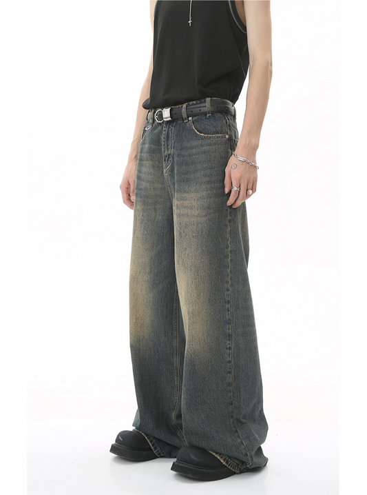 レトロ ウォッシュ ワイドストレートジーンズ