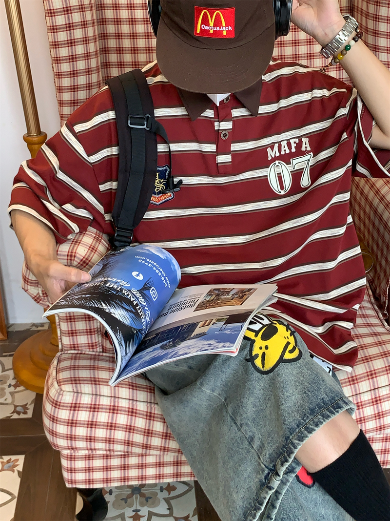 レトロ カレッジスタイル ストライプポロシャツ
