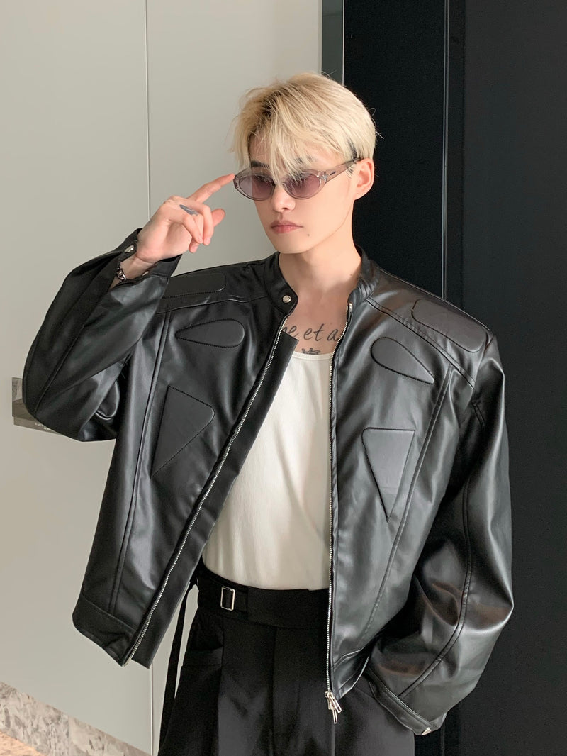ストラクチュアル ノーカラーPUレザージャケット