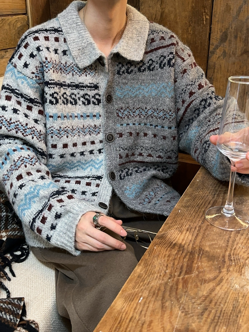 フェアアイル柄 コントラスト ニットカーディガン