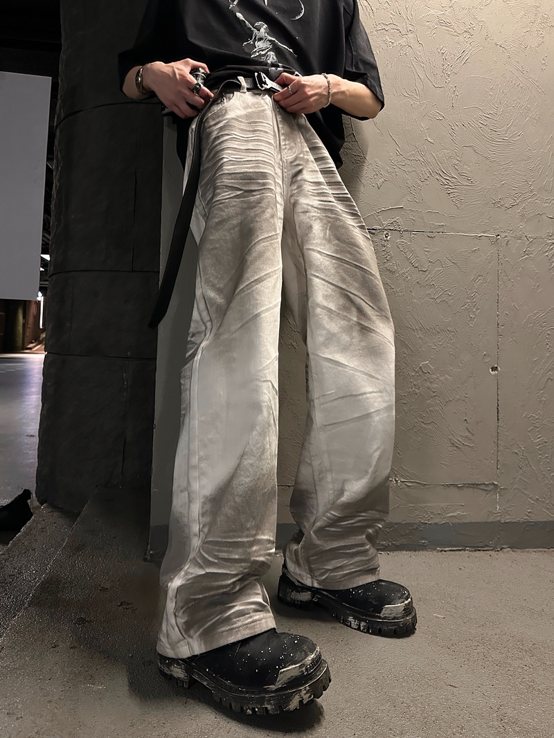 ストリート ダーティ ステンドホワイトデニムパンツ