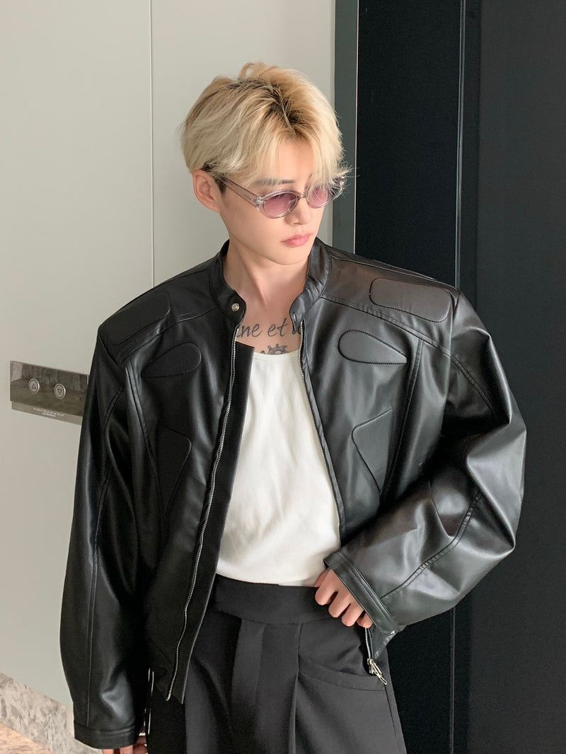 ストラクチュアル ノーカラーPUレザージャケット