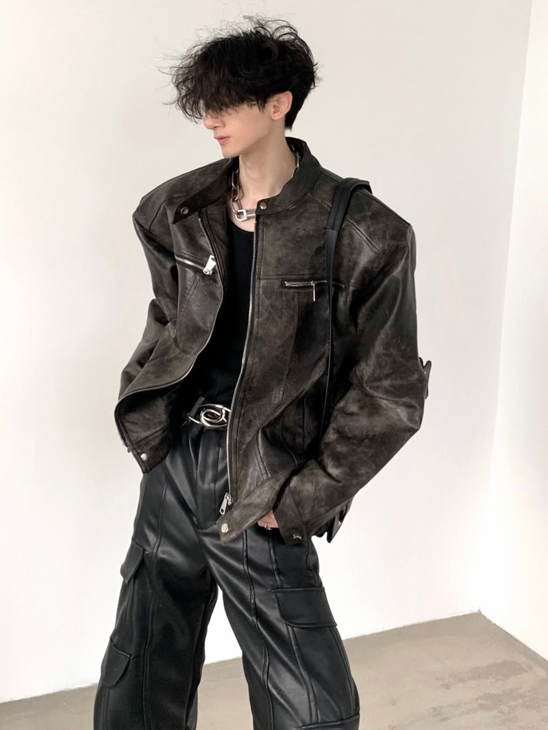 ノーカラー ジップ PUレザージャケット