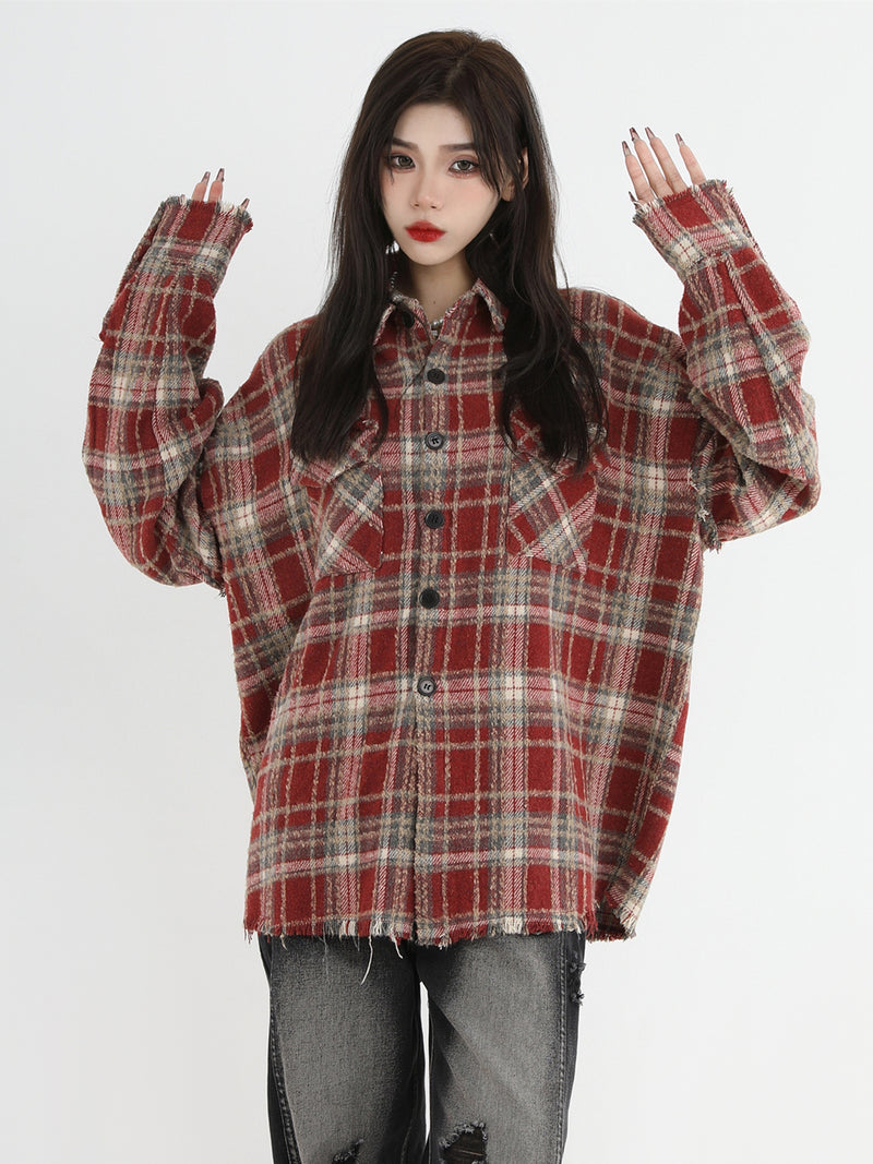 エンブロイダリー チェック ロングシャツ