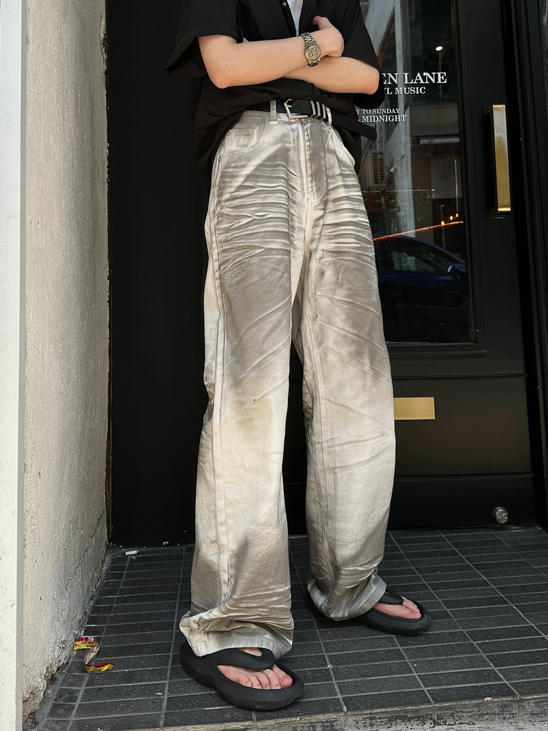 ストリート ダーティ ステンドホワイトデニムパンツ