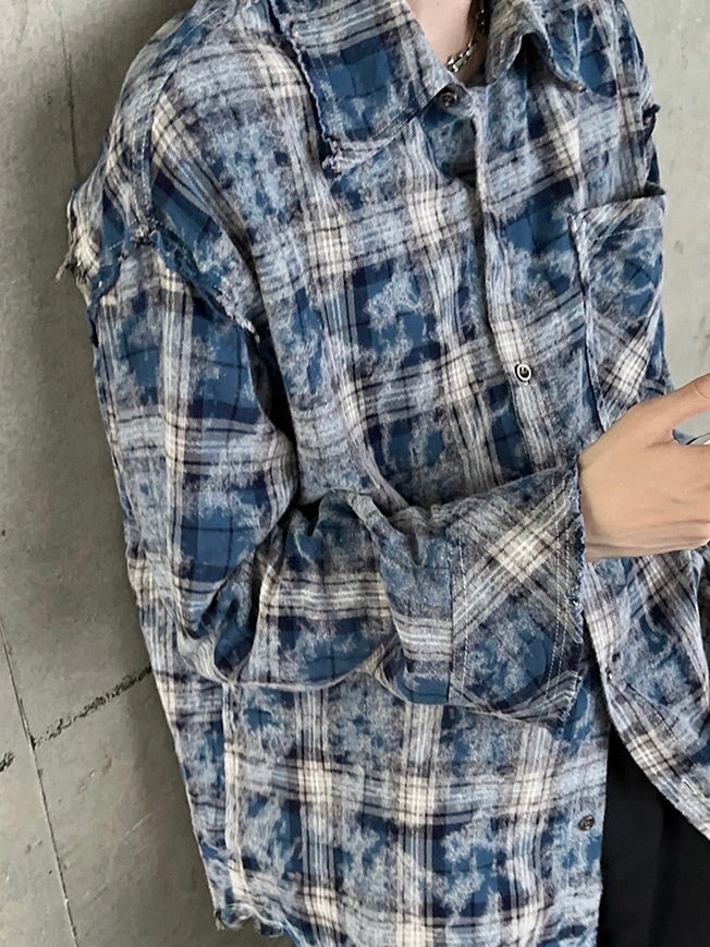 チェック柄 ダメージウォッシュ ロングシャツ
