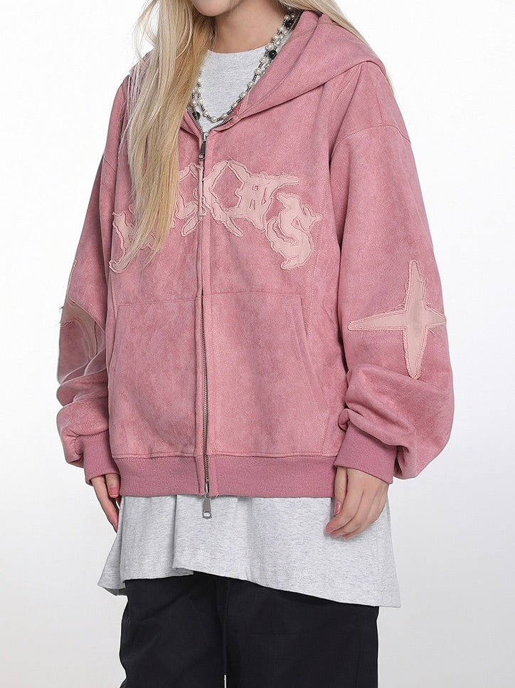 ダメージパッチ刺繍 短丈ダブルジップパーカー