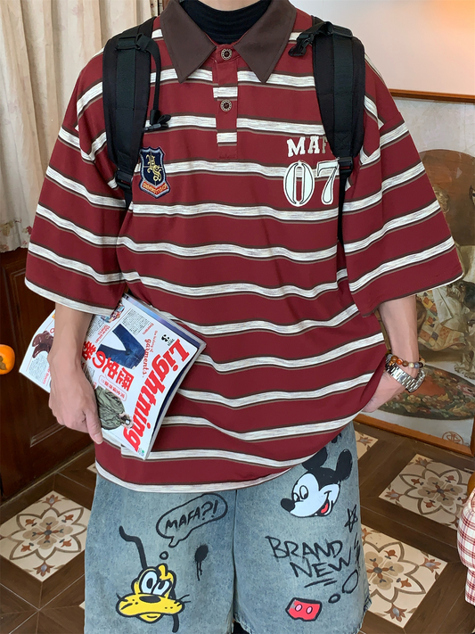 レトロ カレッジスタイル ストライプポロシャツ