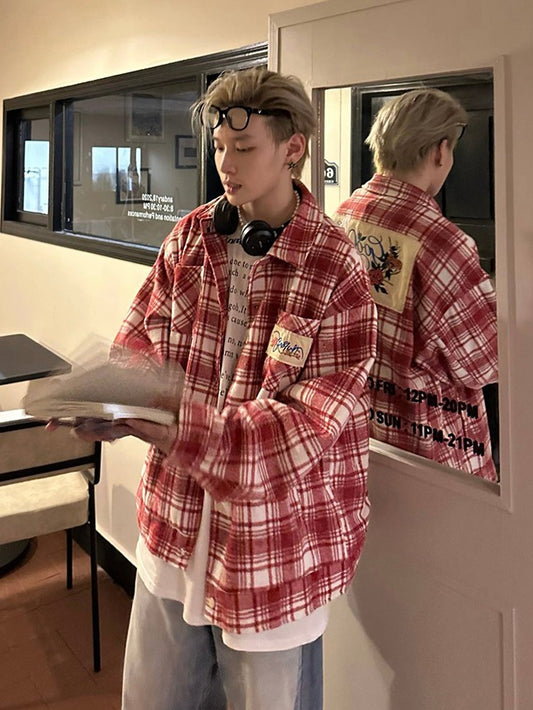 ワッペン刺繍 レッドチェック柄ロングシャツ