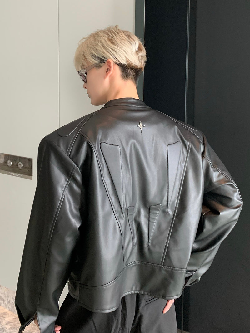 ストラクチュアル ノーカラーPUレザージャケット
