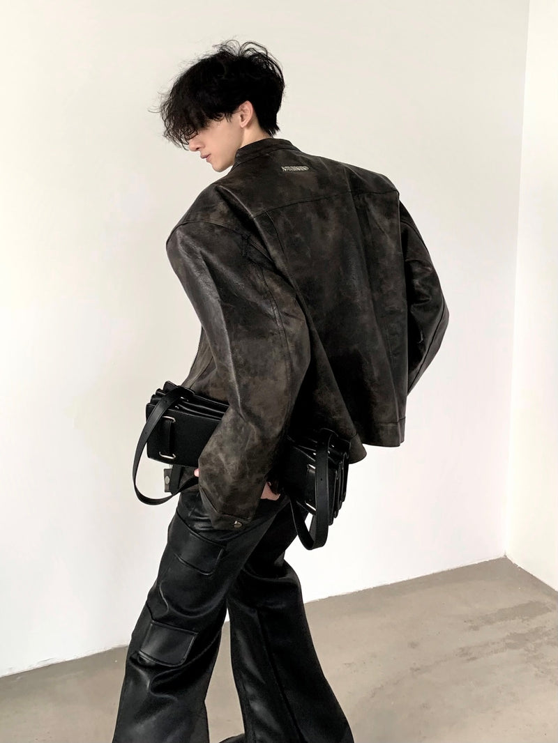 ノーカラー ジップ PUレザージャケット