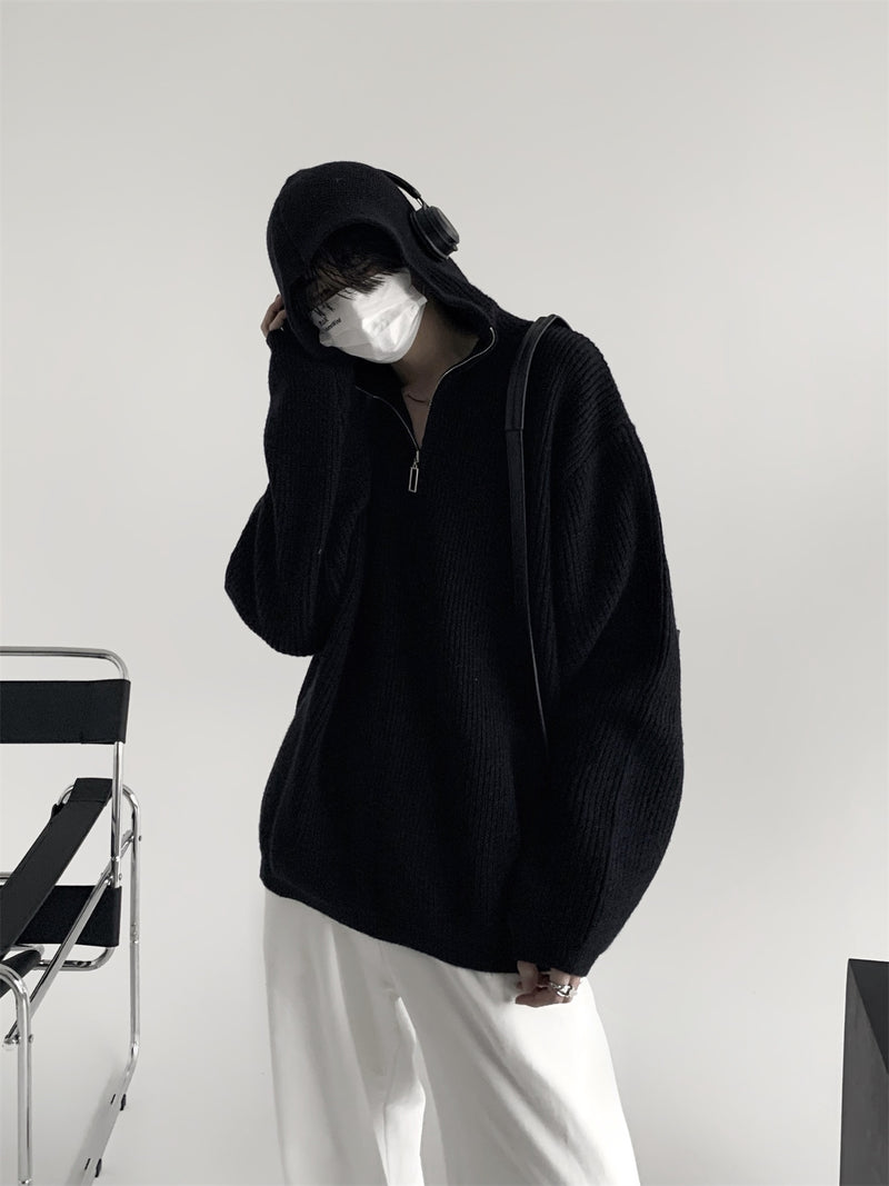 ハーフジップ フード付きニットセーター