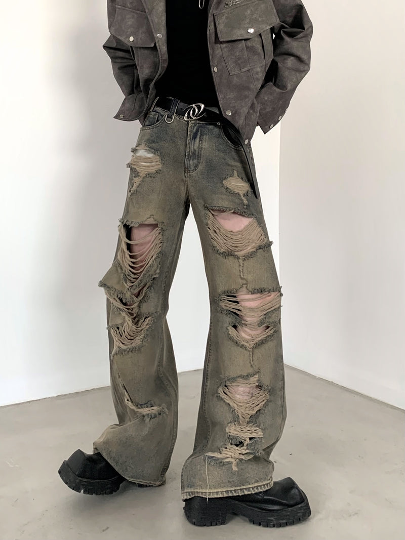 ハードダメージ ヴィンテージ ワイド デニムジーンズ