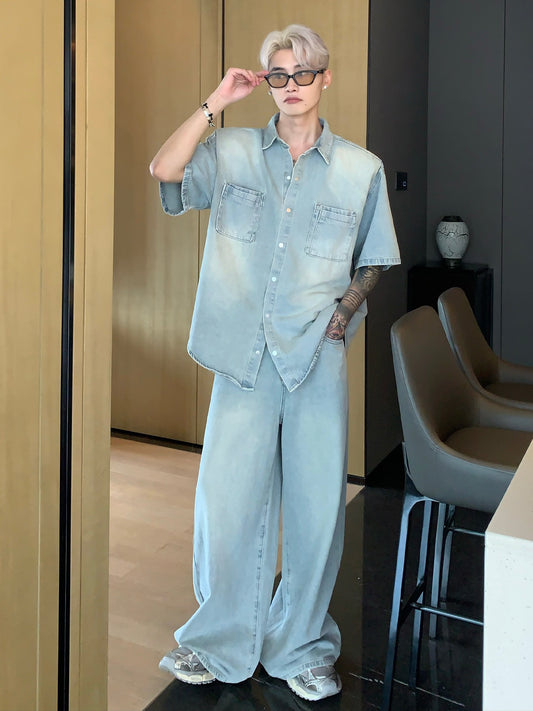 ウォッシュドデニムシャツ/パンツ セットアップ