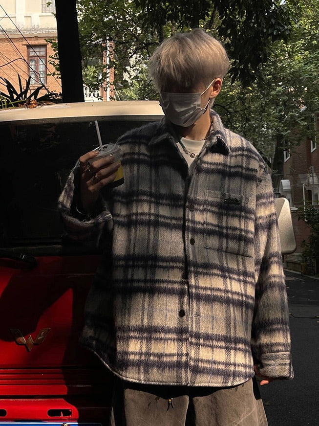 レトロチェック柄 ウールロングシャツ