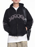 ダメージパッチ刺繍 短丈ダブルジップパーカー