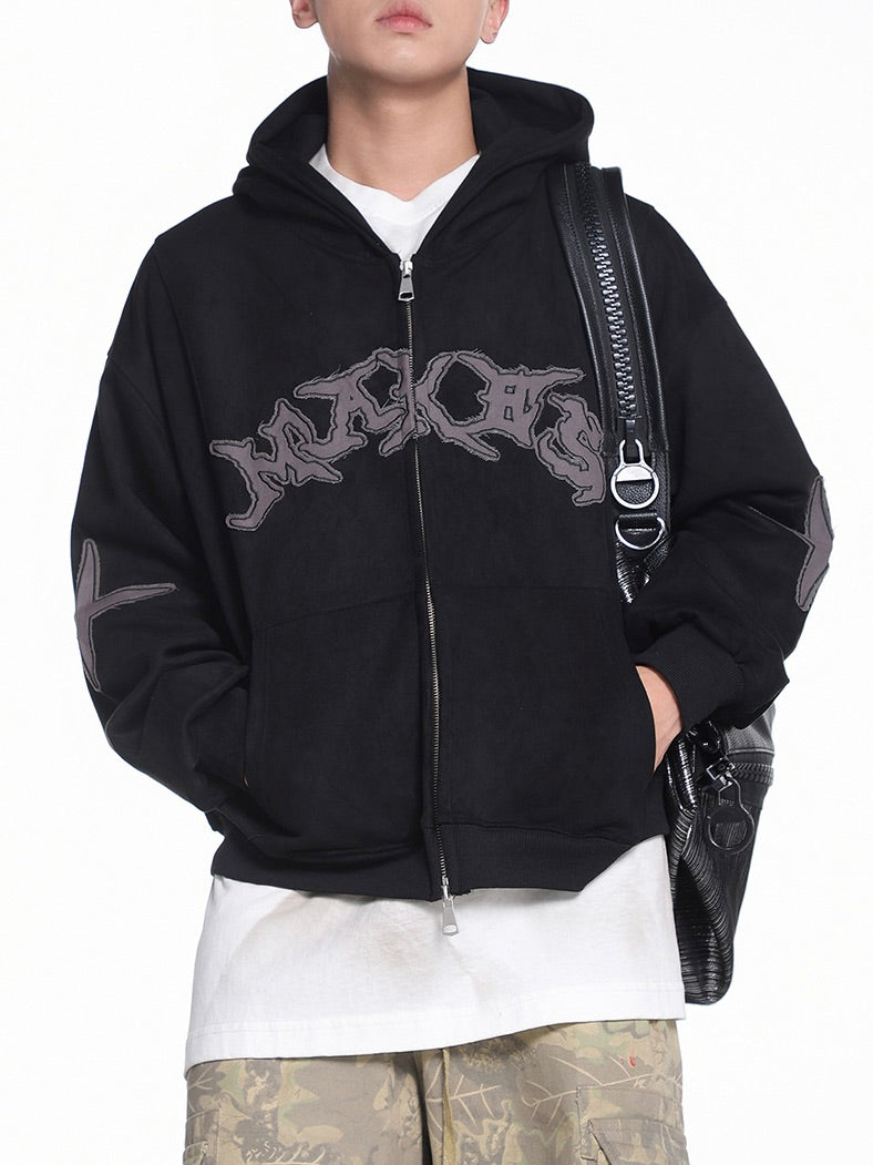 ダメージパッチ刺繍 短丈ダブルジップパーカー