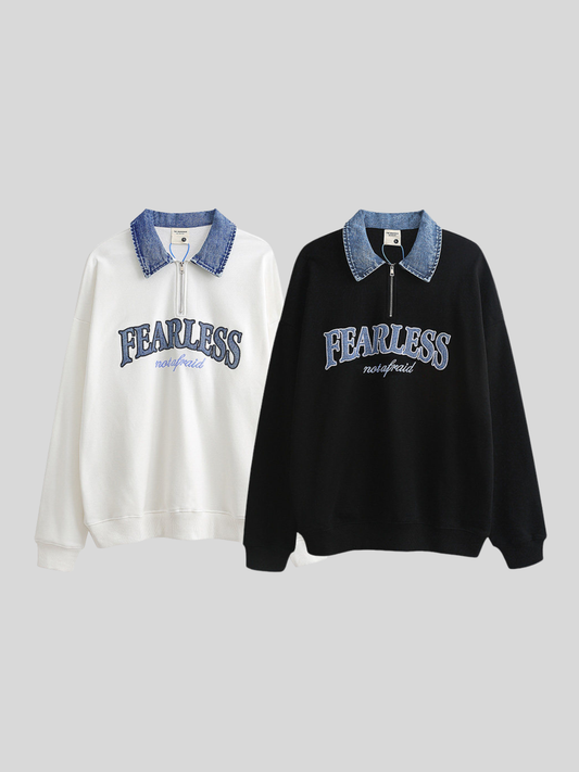 レトロ デニムパッチ ハーフジップ ロングポロシャツ