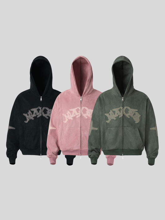 ダメージパッチ刺繍 短丈ダブルジップパーカー