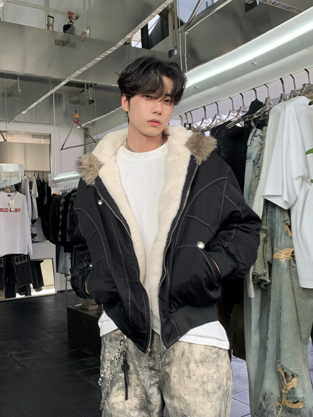 裏起毛 ステッチ ジップファージャケット