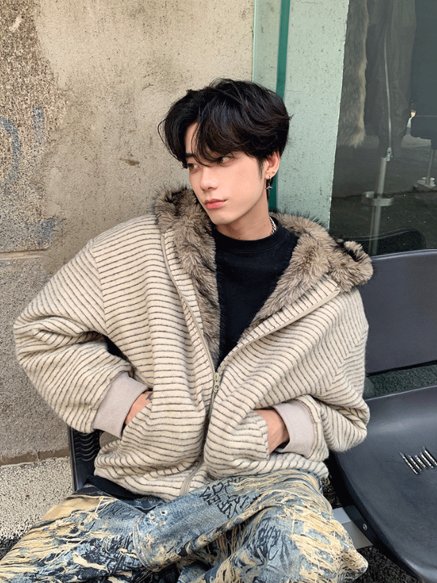 ストライプ 耳付きフード ファージャケット