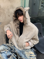 ストライプ 耳付きフード ファージャケット