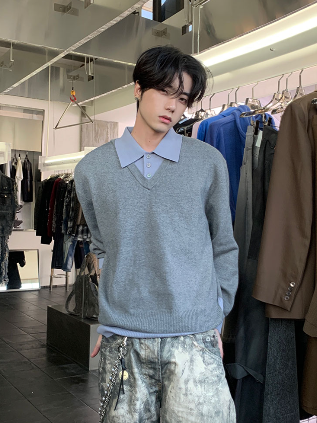 ツーピース フェイクレイヤード ポロニットセーター